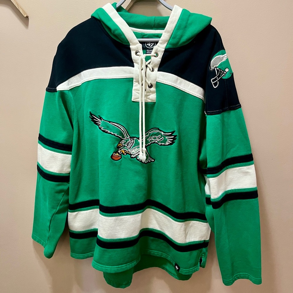 ‘47 Kelly Green Philadelphia Eagles Throwback Superior Lacer Hoodie Size XXL - Picture 2 of 11